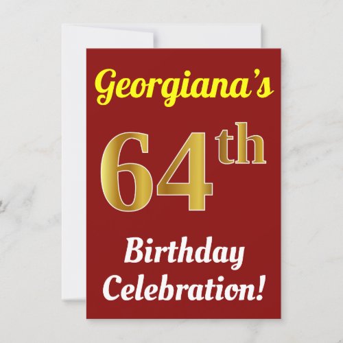 Red Faux Gold 64th Birthday Celebration  Name Invitation