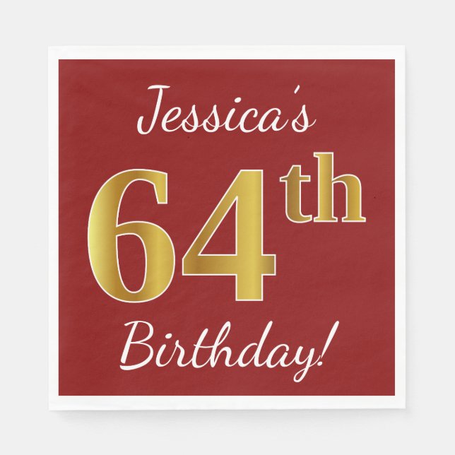Red, Faux Gold 64th Birthday + Custom Name Napkins (Front)