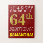 [ Thumbnail: Red, Faux Gold 64th Birthday + Custom Name Puzzle ]