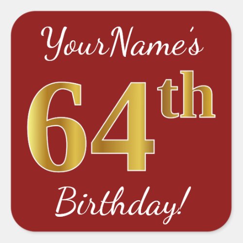 Red Faux Gold 64th Birthday  Custom Name Sticker