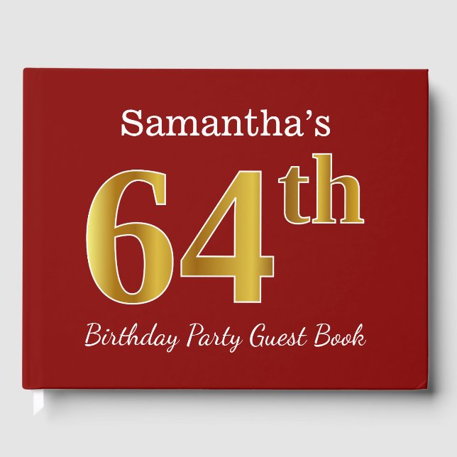 Red, Faux Gold 64th Birthday Party + Custom Name Guest Book (Front)