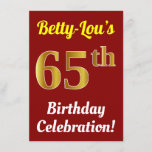 [ Thumbnail: Red, Faux Gold 65th Birthday Celebration + Name Invitation ]