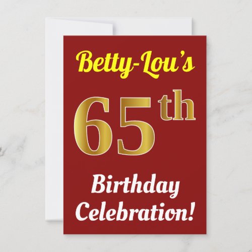 Red Faux Gold 65th Birthday Celebration  Name Invitation