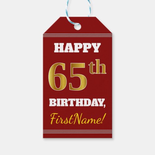 Red Faux Gold 65th Birthday  Custom Name Gift Tags