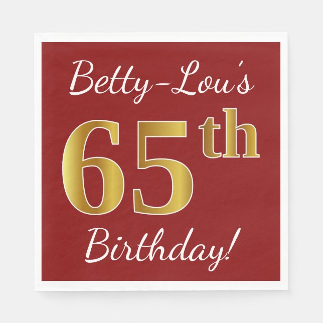 Red, Faux Gold 65th Birthday + Custom Name Paper Napkins (Front)