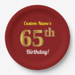 [ Thumbnail: Red, Faux Gold 65th Birthday + Custom Name Paper Plates ]