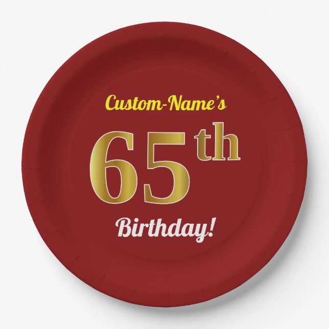 Red, Faux Gold 65th Birthday + Custom Name Paper Plates (Front)