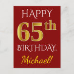 [ Thumbnail: Red, Faux Gold 65th Birthday + Custom Name Postcard ]