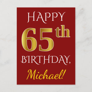 Red, Faux Gold 65th Birthday + Custom Name Postcard