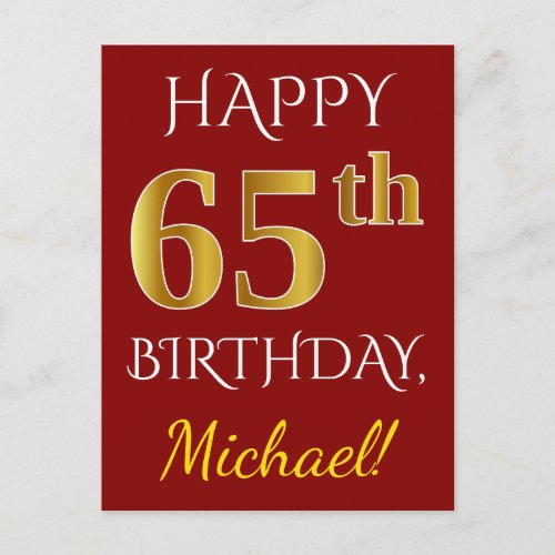 Red Faux Gold 65th Birthday  Custom Name Postcard