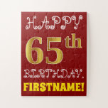 [ Thumbnail: Red, Faux Gold 65th Birthday + Custom Name Puzzle ]