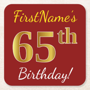 Red, Faux Gold 65th Birthday + Custom Name Square Paper Coaster
