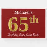 [ Thumbnail: Red, Faux Gold 65th Birthday Party + Custom Name Guest Book ]