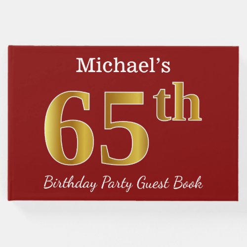 Red Faux Gold 65th Birthday Party  Custom Name Guest Book