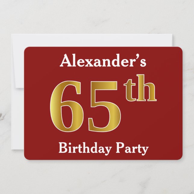 Red, Faux Gold 65th Birthday Party + Custom Name Invitation (Front)