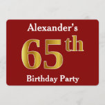 [ Thumbnail: Red, Faux Gold 65th Birthday Party + Custom Name Invitation ]