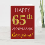 [ Thumbnail: Red, Faux Gold 65th Wedding Anniversary + Name Card ]