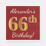 [ Thumbnail: Red, Faux Gold 66th Birthday + Custom Name Paper Napkin ]