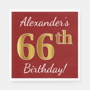 Red, Faux Gold 66th Birthday + Custom Name Paper Napkins