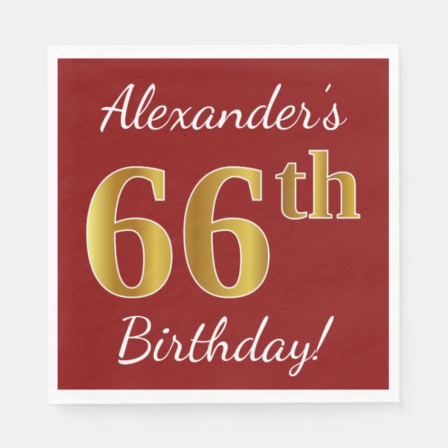 Red, Faux Gold 66th Birthday + Custom Name Paper Napkins (Front)