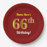 [ Thumbnail: Red, Faux Gold 66th Birthday + Custom Name Paper Plates ]