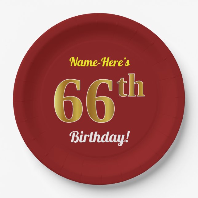 Red, Faux Gold 66th Birthday + Custom Name Paper Plates (Front)
