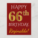 [ Thumbnail: Red, Faux Gold 66th Birthday + Custom Name Postcard ]