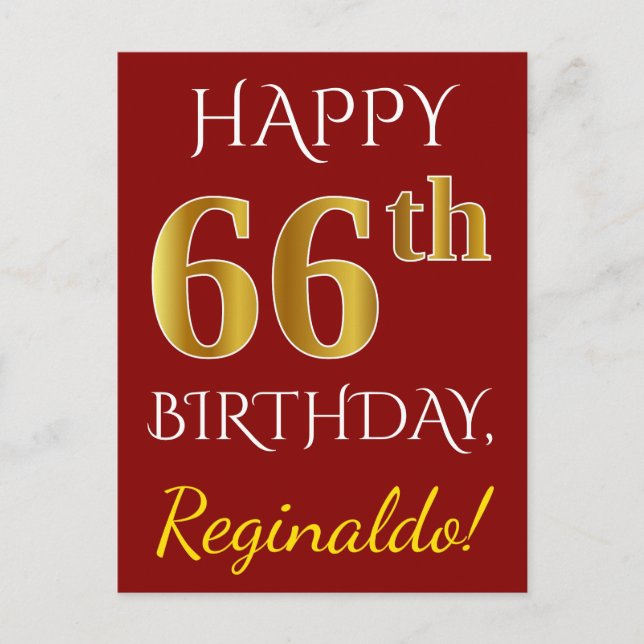 Red, Faux Gold 66th Birthday + Custom Name Postcard (Front)