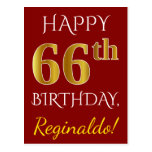 [ Thumbnail: Red, Faux Gold 66th Birthday + Custom Name Postcard ]