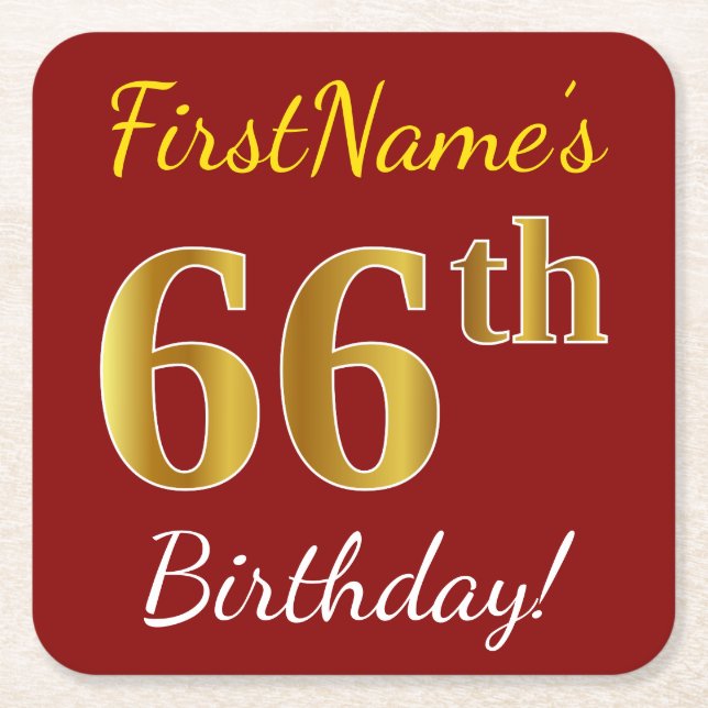 Red, Faux Gold 66th Birthday + Custom Name Square Paper Coaster (Front)