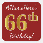 [ Thumbnail: Red, Faux Gold 66th Birthday + Custom Name Sticker ]