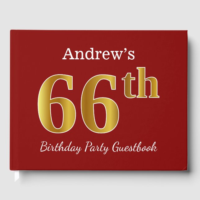 Red, Faux Gold 66th Birthday Party + Custom Name Guest Book (Front)