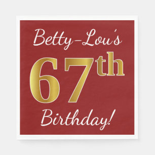 Red, Faux Gold 67th Birthday + Custom Name Napkins