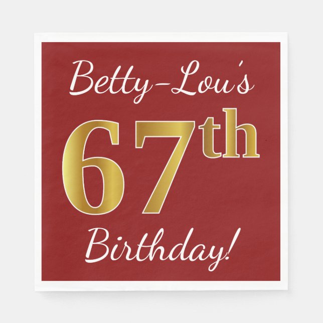Red, Faux Gold 67th Birthday + Custom Name Napkins (Front)