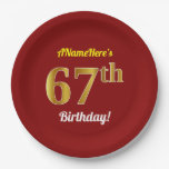 [ Thumbnail: Red, Faux Gold 67th Birthday + Custom Name Paper Plates ]