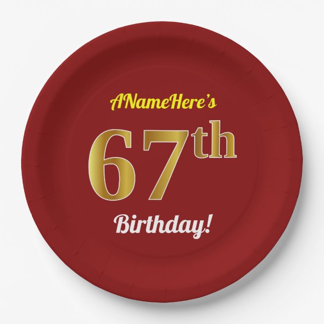 Red, Faux Gold 67th Birthday + Custom Name Paper Plates (Front)