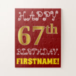 [ Thumbnail: Red, Faux Gold 67th Birthday + Custom Name Puzzle ]