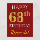 [ Thumbnail: Red, Faux Gold 68th Birthday + Custom Name Postcard ]