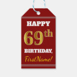 [ Thumbnail: Red, Faux Gold 69th Birthday + Custom Name Gift Tags ]