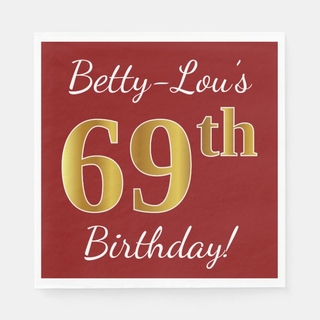 Red, Faux Gold 69th Birthday + Custom Name Paper Napkins (Front)