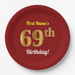 [ Thumbnail: Red, Faux Gold 69th Birthday + Custom Name Paper Plates ]