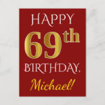 [ Thumbnail: Red, Faux Gold 69th Birthday + Custom Name Postcard ]