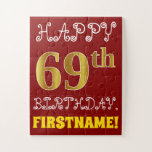 [ Thumbnail: Red, Faux Gold 69th Birthday + Custom Name Puzzle ]