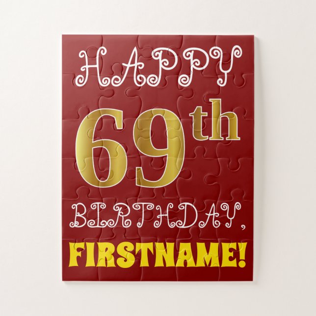 Red, Faux Gold 69th Birthday + Custom Name Puzzle (Vertical)