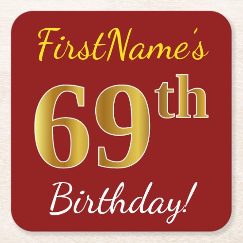 Red Faux Gold 69th Birthday  Custom Name Square Paper Coaster