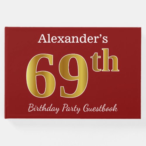 Red Faux Gold 69th Birthday Party  Custom Name Guest Book