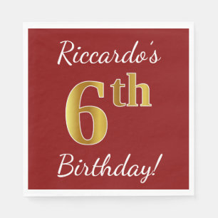 Red, Faux Gold 6th Birthday + Custom Name Napkins