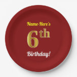 [ Thumbnail: Red, Faux Gold 6th Birthday + Custom Name Paper Plates ]