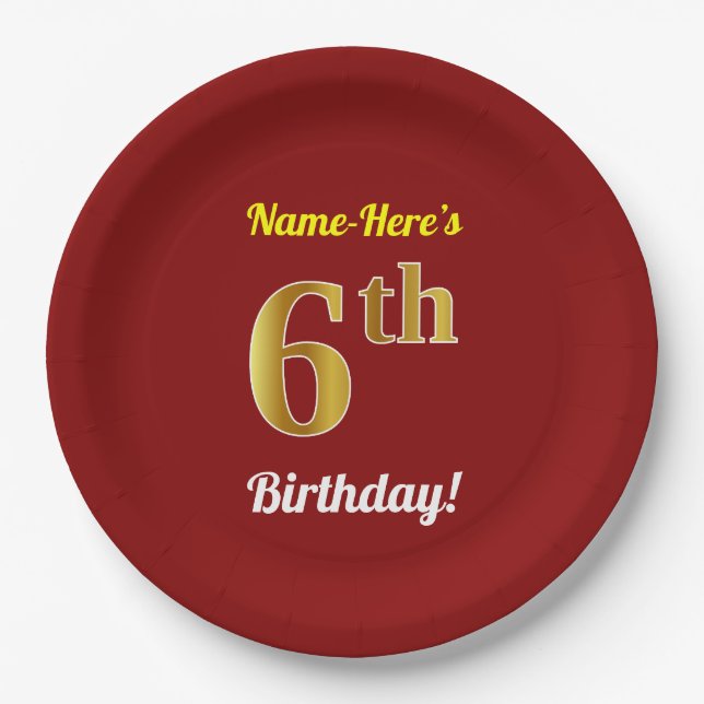 Red, Faux Gold 6th Birthday + Custom Name Paper Plates (Front)