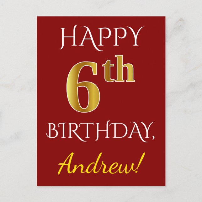 Red, Faux Gold 6th Birthday + Custom Name Postcard (Front)